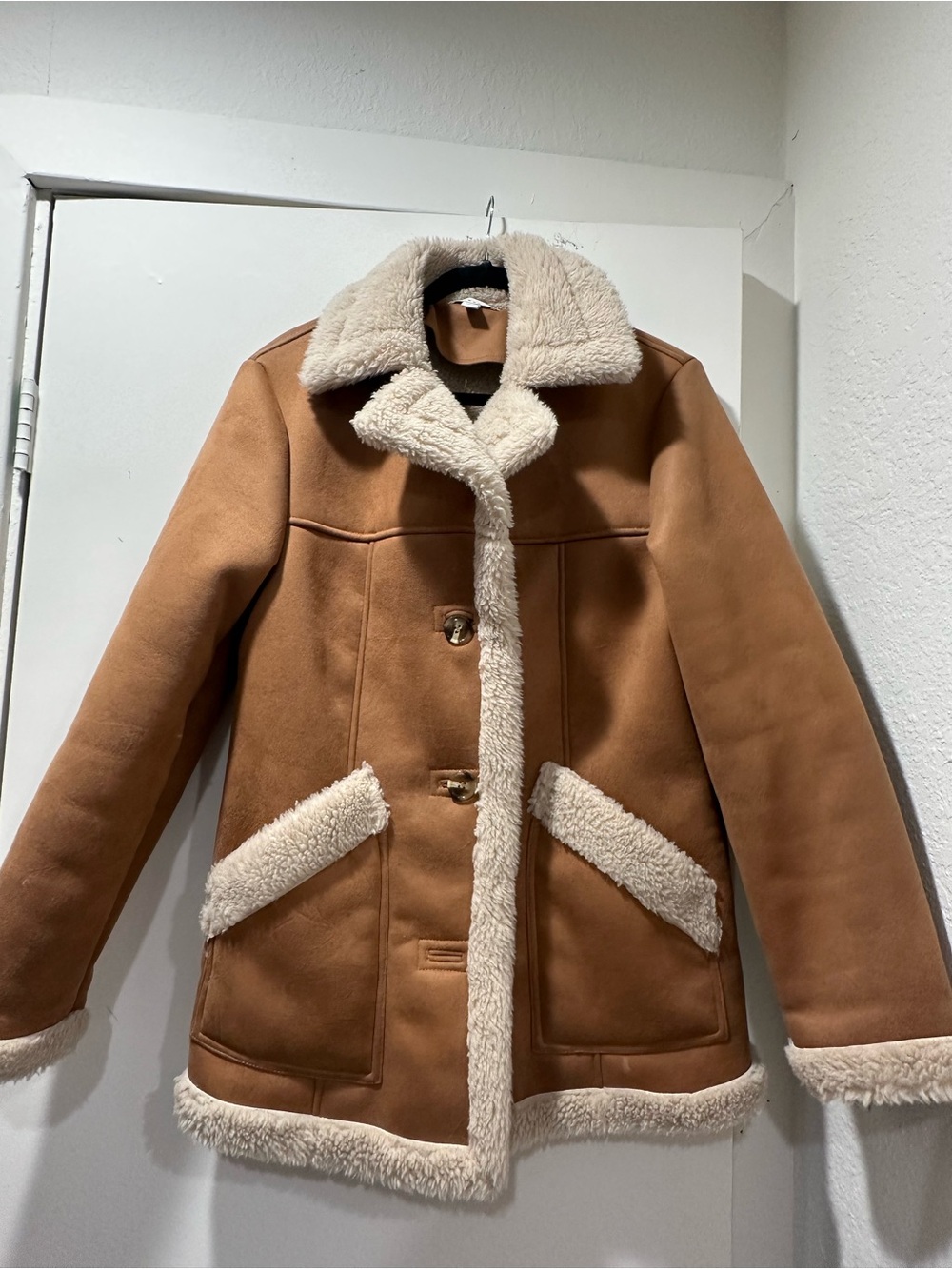 Topshop Tan Faux Shearling Trim Coat